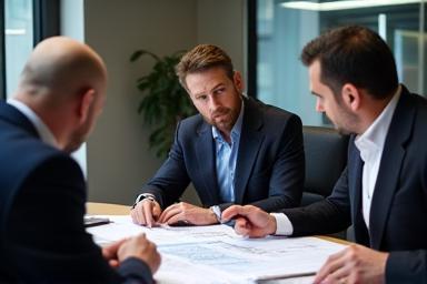 Two professionals discussing technical blueprints