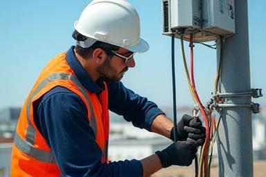 Telecommunications technician working on network installation